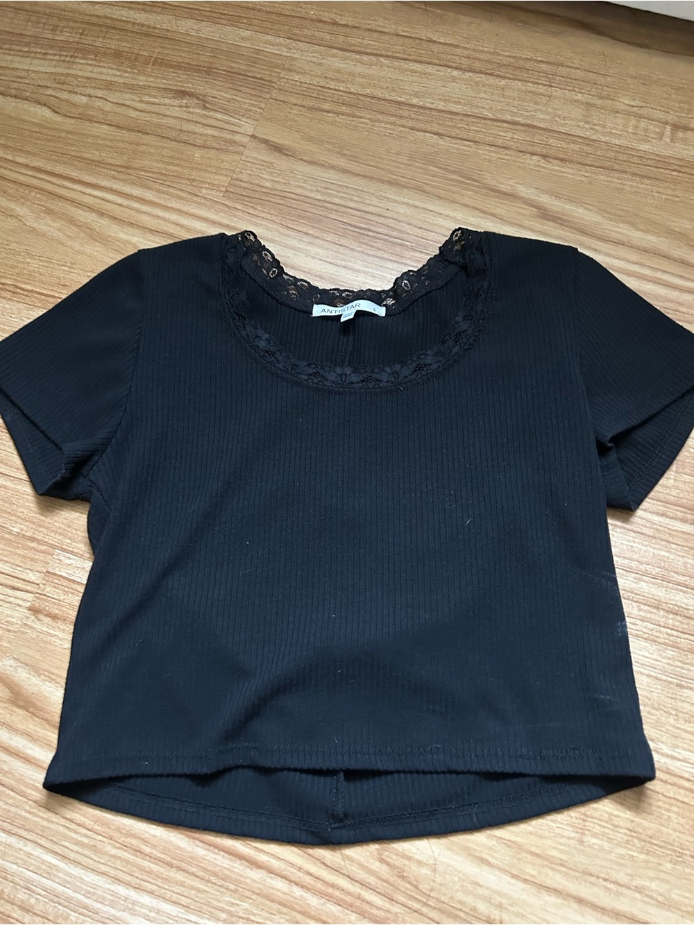 Anthropologie Black Ribbed Lace-Trim Crop Top